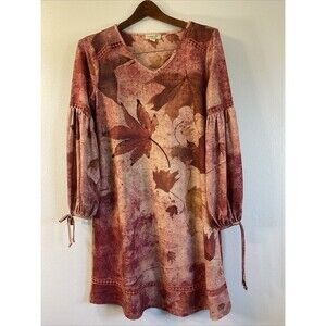 One World Dress Red Long Sleeve Charming Art Leaf Print Crochet Size Small